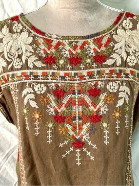 Johnny Was Tan, Cream Multicolor Chandra Embroidered Linen Tunic Dress, Size M